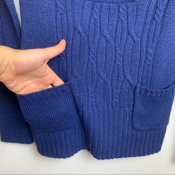 Solid Blue Chunky Cable Knit Shawl Collar Sweater size M Long Sleeve with pocket - Picture 2 of 11